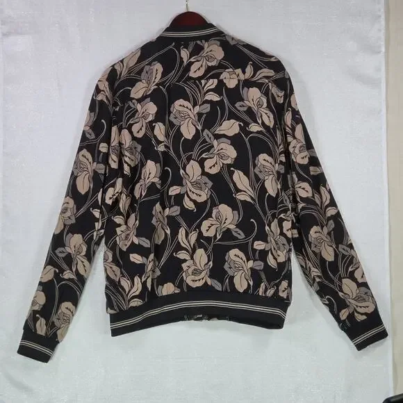 Porter & Ash Floral Bomber Jacket Black Tan Hibiscus FullZip Inner Pockets Large - Picture 9 of 14